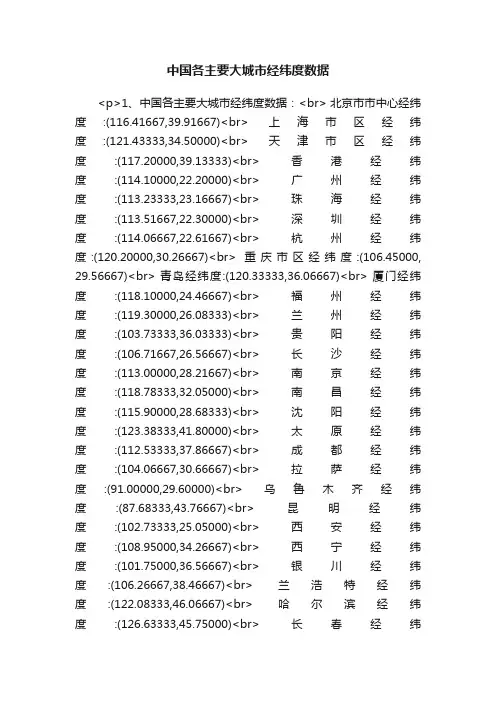 中国各主要大城市经纬度数据