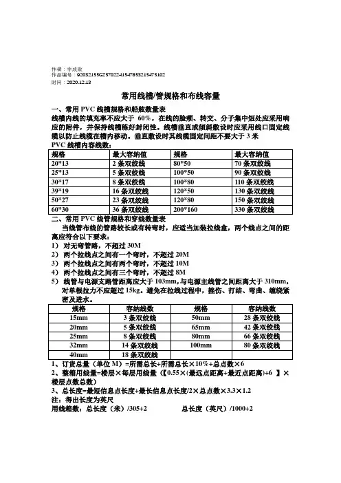 2020年常用线槽管规格和布线容量