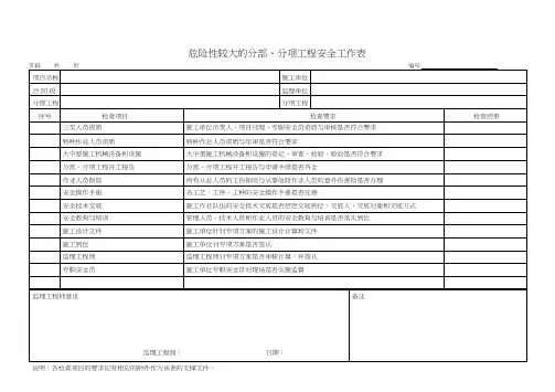 危险性较大的分部、分项工程安全工作表