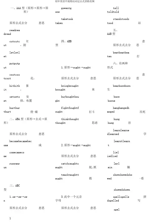 初中英语不规则动词过去式表格范例