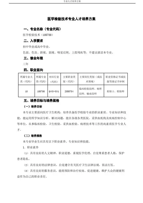 医学检验技术专业人才培养方案(中职)
