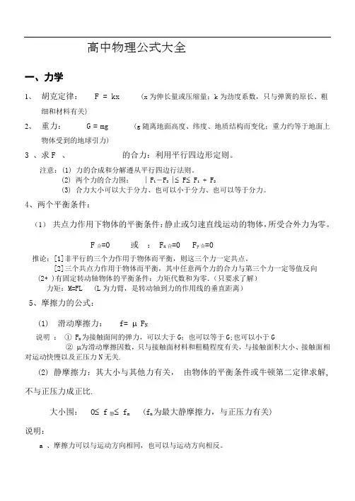 全面高中物理公式大全