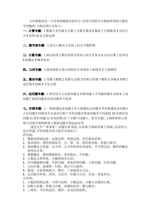 小学奥数各年级基本分类