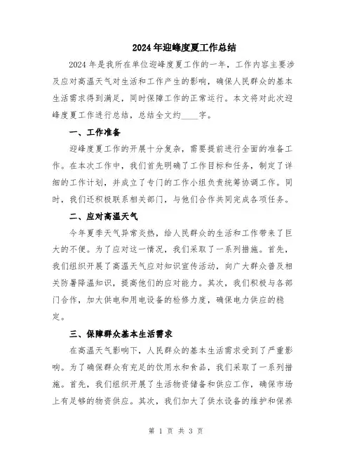 2024年迎峰度夏工作总结