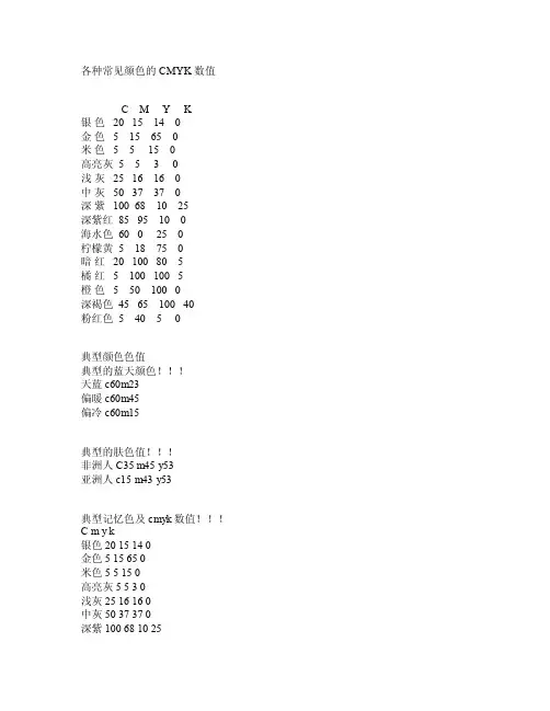 各种常见颜色的CMYK数值