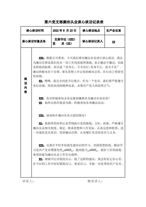 第六党支部廉洁从业谈心谈话记录表