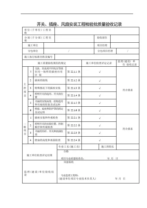 开关、插座、风扇安装工程检验批质量验收记录