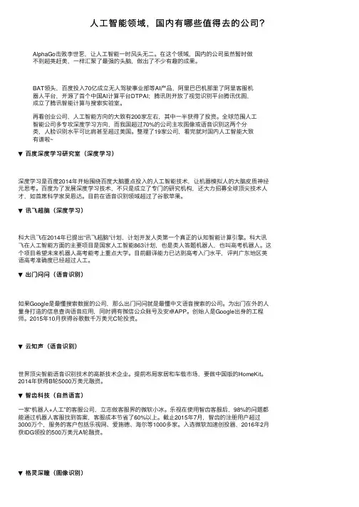 人工智能领域，国内有哪些值得去的公司？