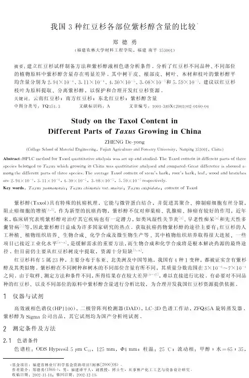 我国3种红豆杉各部位紫杉醇含量的比较