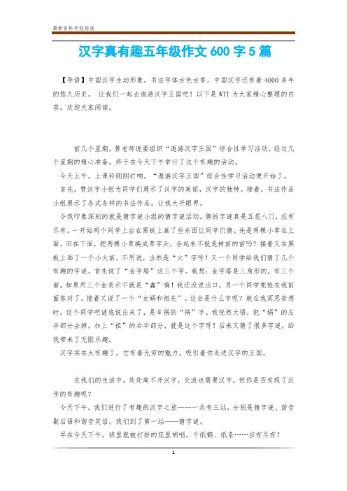 汉字真有趣五年级作文600字5篇