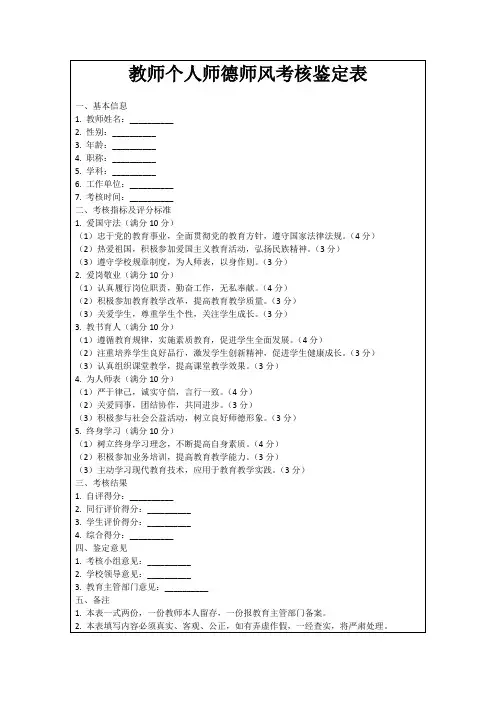 教师个人师德师风考核鉴定表