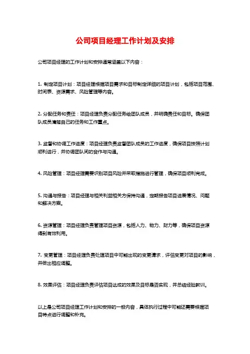 公司项目经理工作计划及安排