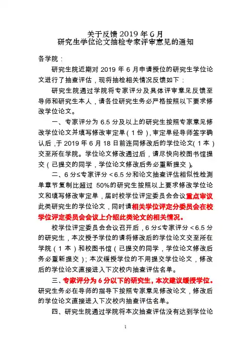 关于反馈2019年6月研究生学位论文抽检专家评审意见的通知