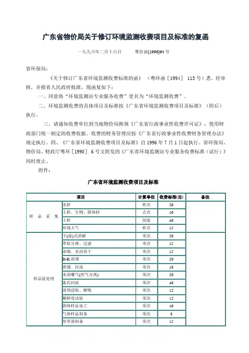 广东省物价局关于修订环境监测收费项目及标准的复函_(粤价函[1996]64号)