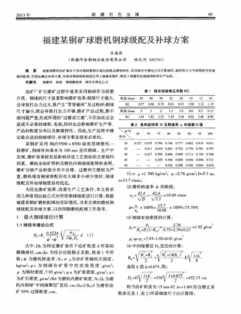 福建某铜矿球磨机钢球级配及补球方案