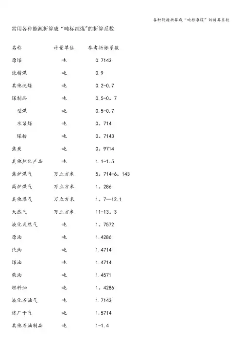 各种能源折算成“吨标准煤”的折算系数