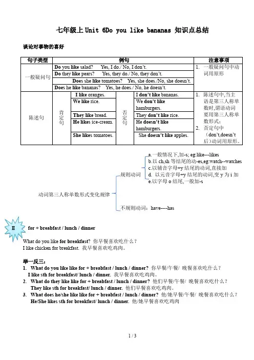 七年级上Unit 6Do you like bananas 知识点总结