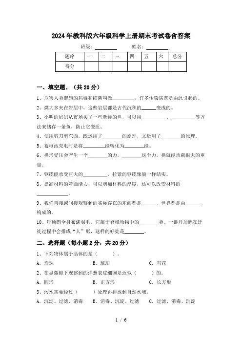 2024年教科版六年级科学上册期末考试卷含答案