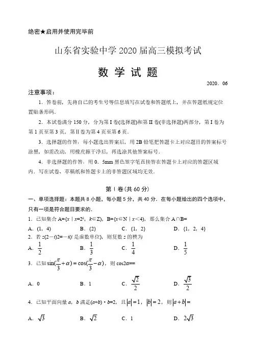 山东省实验中学2020届高三数学6月模拟试题附答案