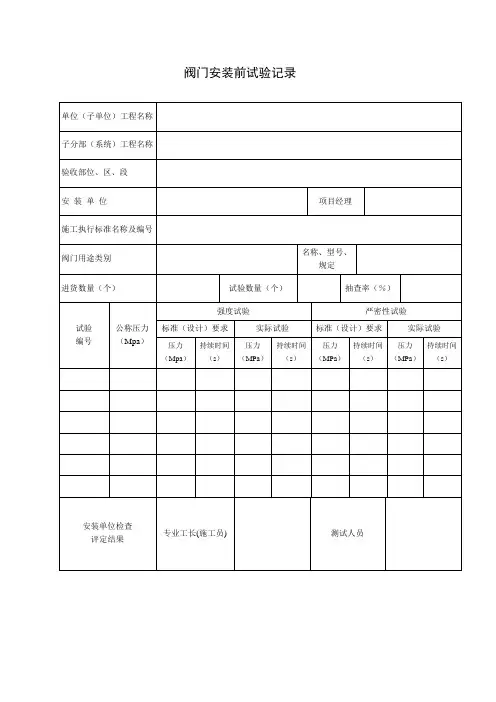 《阀门安装前试验记录表》建筑工程施工单位常用表格