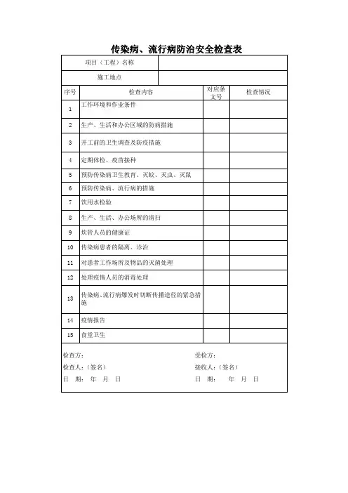 传染病、流行病防治安全检查表
