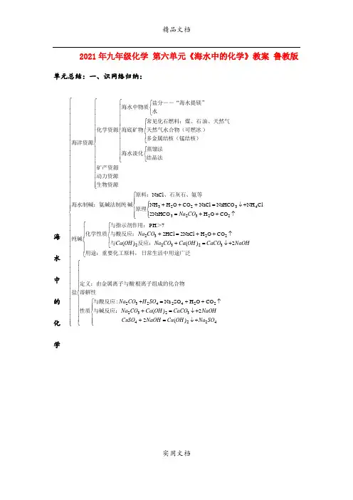 2021年九年级化学 第六单元《海水中的化学》教案 鲁教版