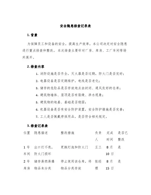 安全隐患排查记录表