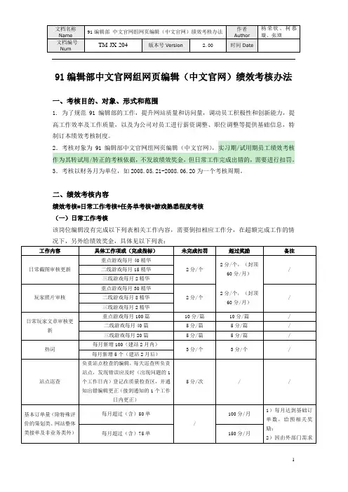 91编辑部中文官网组 网页编辑(中文官网)绩效方案(试行)