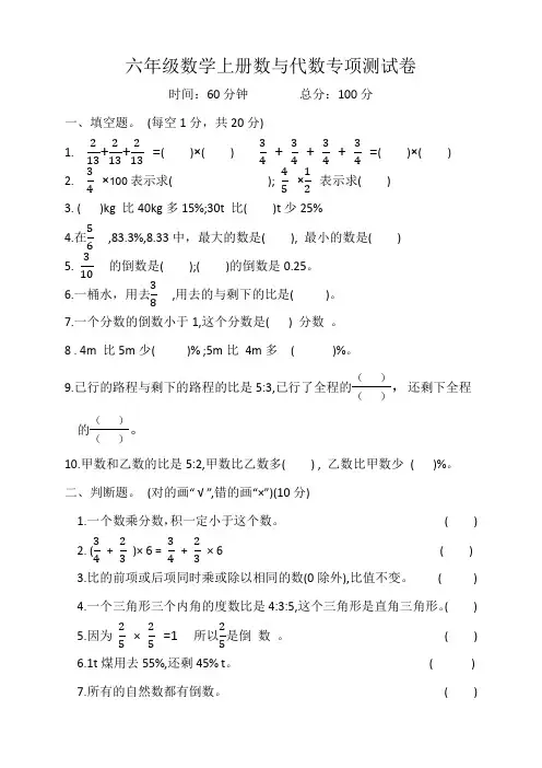六年级数学上册数与代数专项测试卷