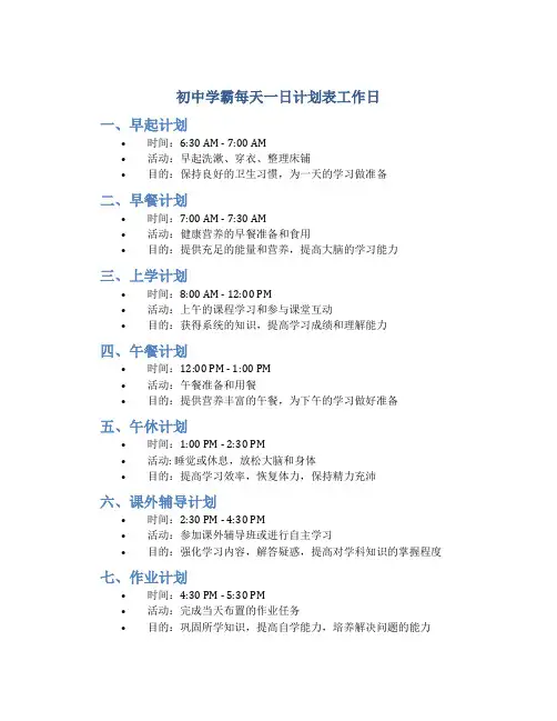 初中学霸每天一日计划表工作日