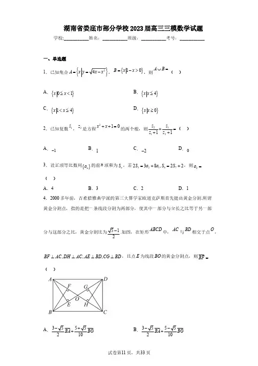 湖南省娄底市部分学校2023届高三三模数学试题