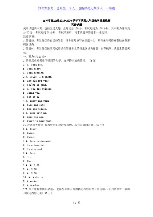 吉林省延边州2019-2020学年下学期九年级教学质量检测英语试题