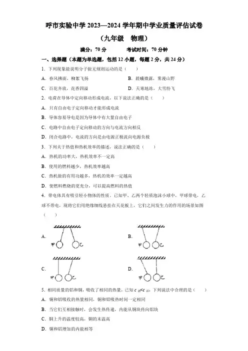 内蒙古呼和浩特实验中学2023-2024学年九年级上学期期中物理考试试卷(解析版)