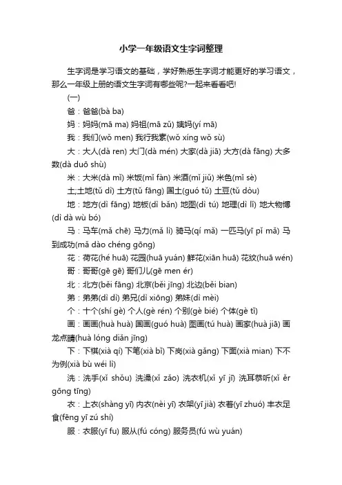 小学一年级语文生字词整理
