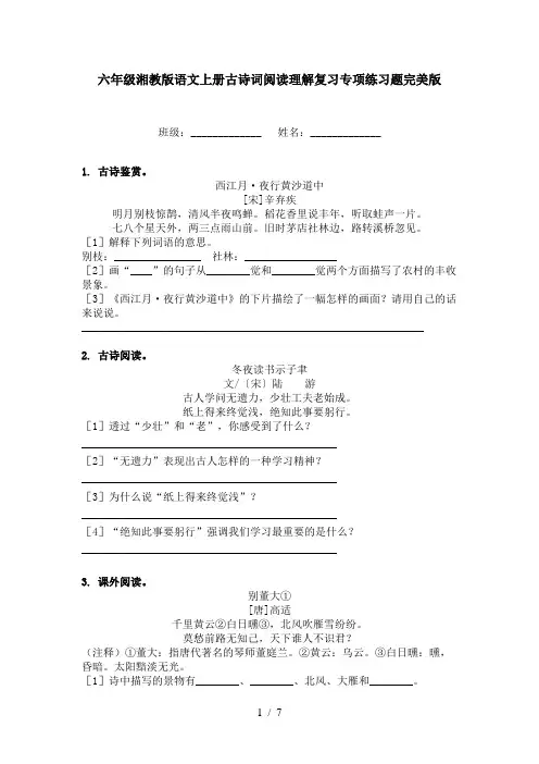 六年级湘教版语文上册古诗词阅读理解复习专项练习题完美版