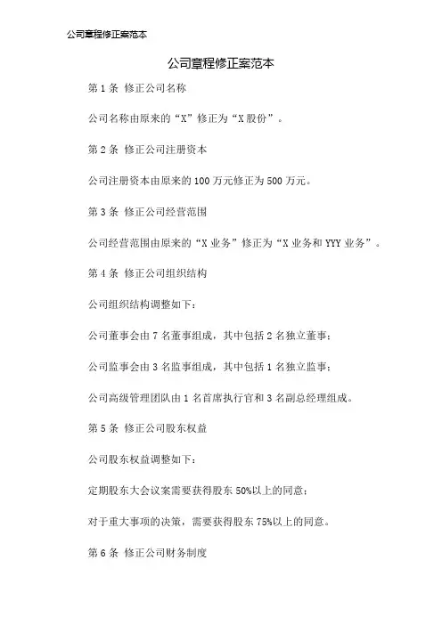 公司章程修正案范本
