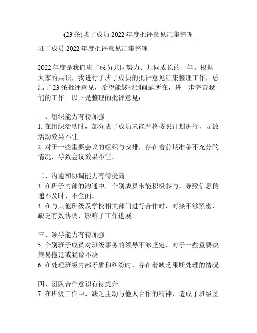 (23条)班子成员2022年度批评意见汇集整理