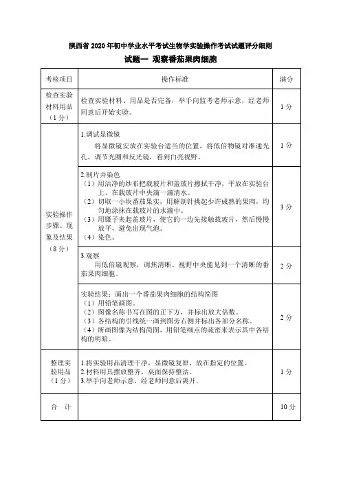 陕西省2020年初中学业水平考试生物实验操作试题全与评分细则