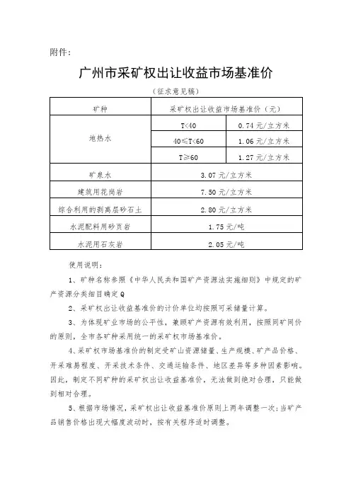 《广州市采矿权出让收益市场基准价(征求意见稿)