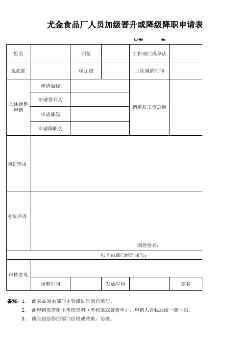 人员加级晋升或降级降职申请表