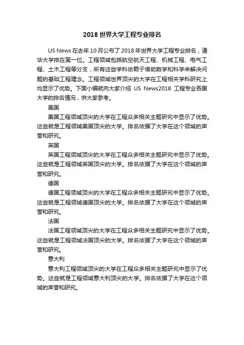 2018世界大学工程专业排名