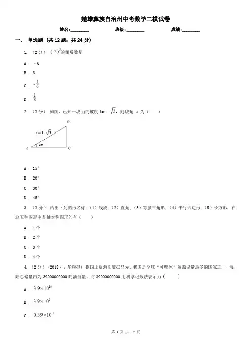 楚雄彝族自治州中考数学二模试卷