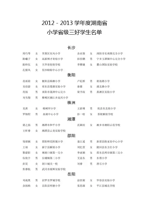 2012-2013学年度湖南省小学省级三好学生名单