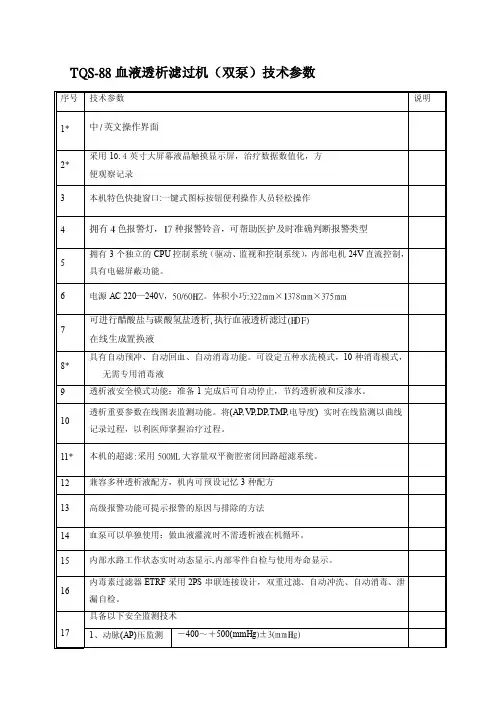 tqs-88血液透析滤过机（双泵）技术参数