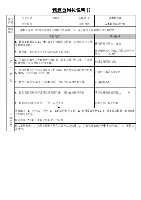 地产公司预算员岗位说明书