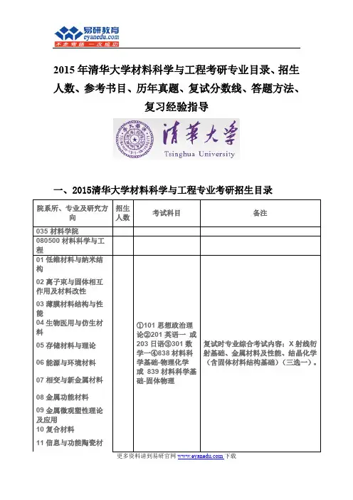 2015清华大学材料科学与工程(材料学院)考研专业目录招生人数参考书目历年真题复试分数线答题方法