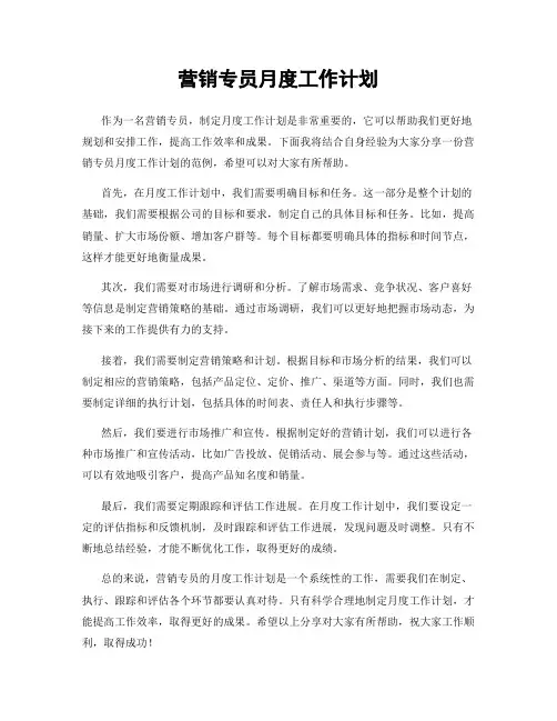 营销专员月度工作计划