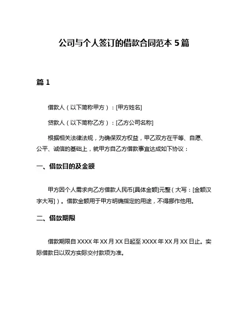 公司与个人签订的借款合同范本5篇