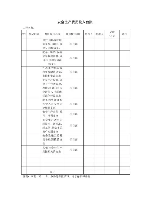 安全生产费用投入台账