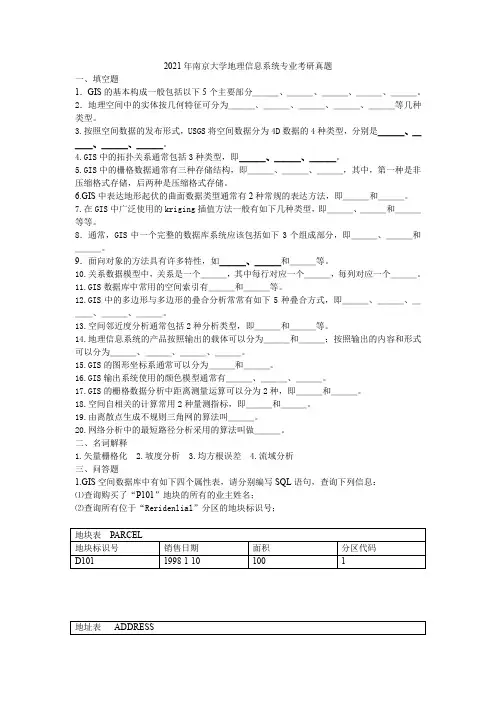 2021南京大学地理信息系统考研真题